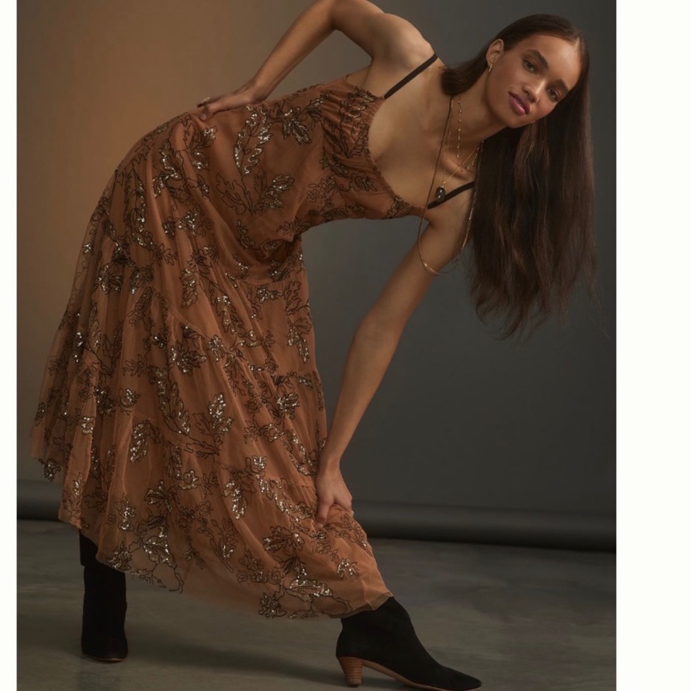 Maeve ANTHROPOLOGIE Sequined Tulle Midi Dress - Picture 3 of 16